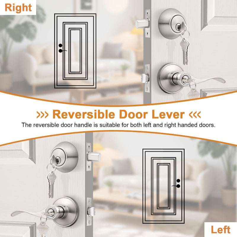 Probrico 5 Sets-Keyed Alike Entry Door Levers with Single Cylinder Deadbolts, Keyed Handleset for Front Door Exterior and Interior Hardware, Entry Lockset Lever Set Satin Nickel, Contractor Pack - Image 5